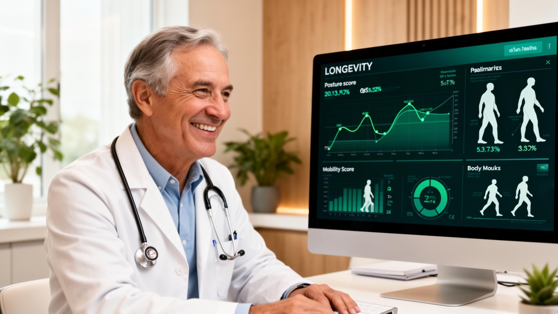 Un medico sorridente esamina i parametri di longevità dei pazienti su una dashboard