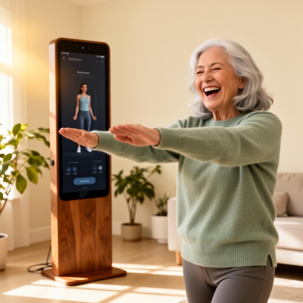 Una donna anziana si allena con gioia con Longevity Mirror